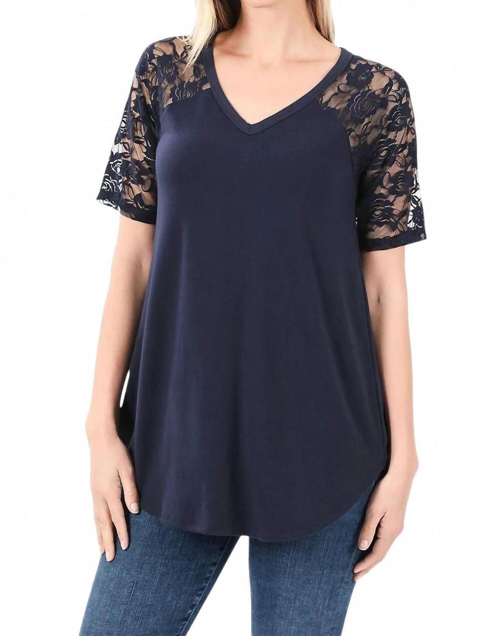 NEW ZENANA lace detail short sleeve v neck top in blue